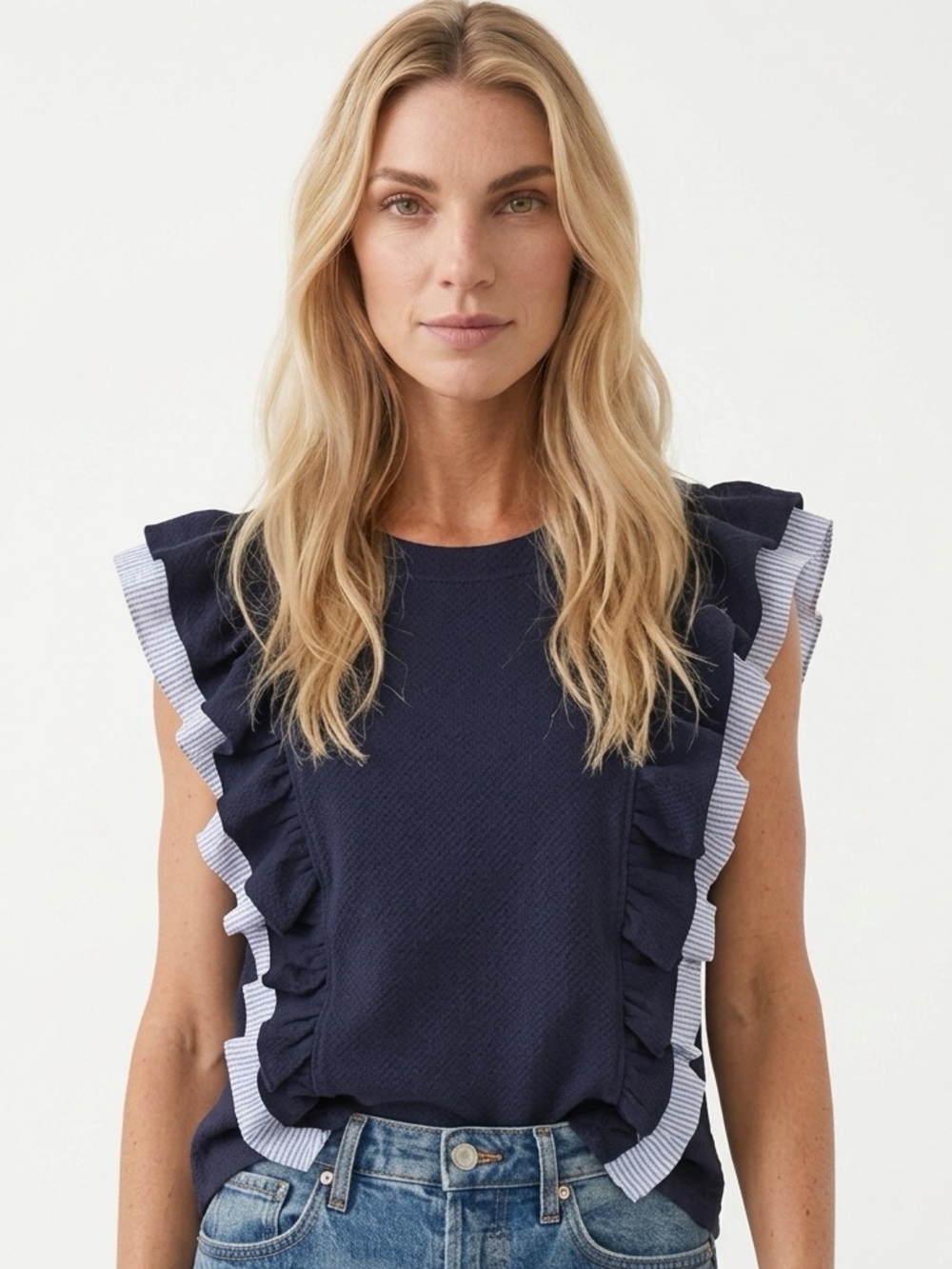 VOY Blouse Womens Size M Navy Textured Knit Ruffle Trim Sleeveless Top